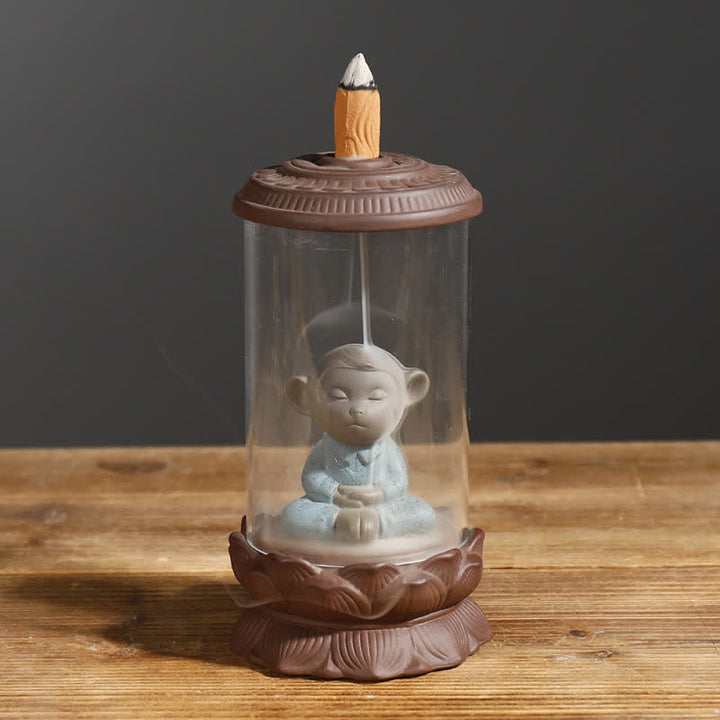 Meditazione Wukong Monkey King Argilla Viola Parabrezza Loto Fontana di Fumo a Riflusso Bruciatore di Incenso Decorazione