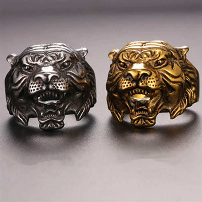 Anello da motociclista punk rock con testa di tigre in titanio e acciaio da uomo