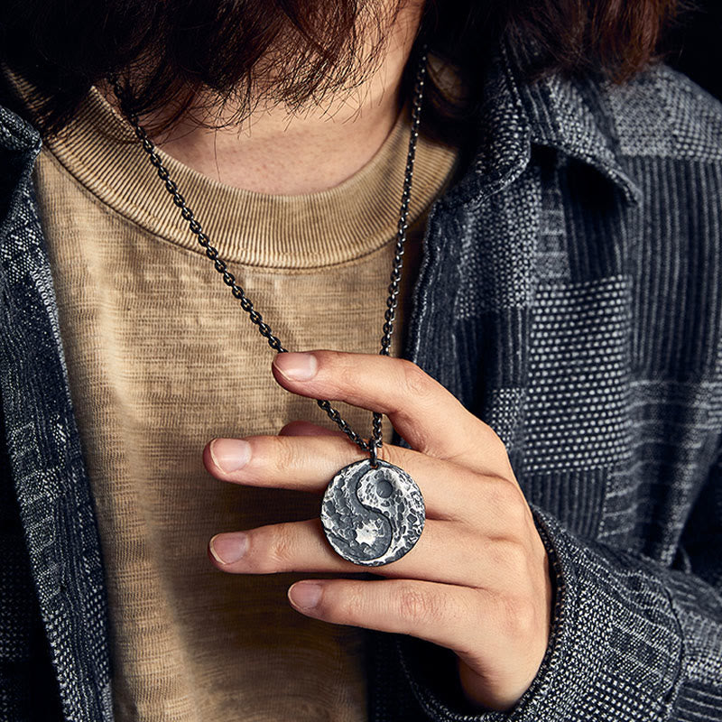 Buddha Stones 990 Sterling Silver Yin Yang Hammer Texture Collana con ciondolo Armonia - image 4