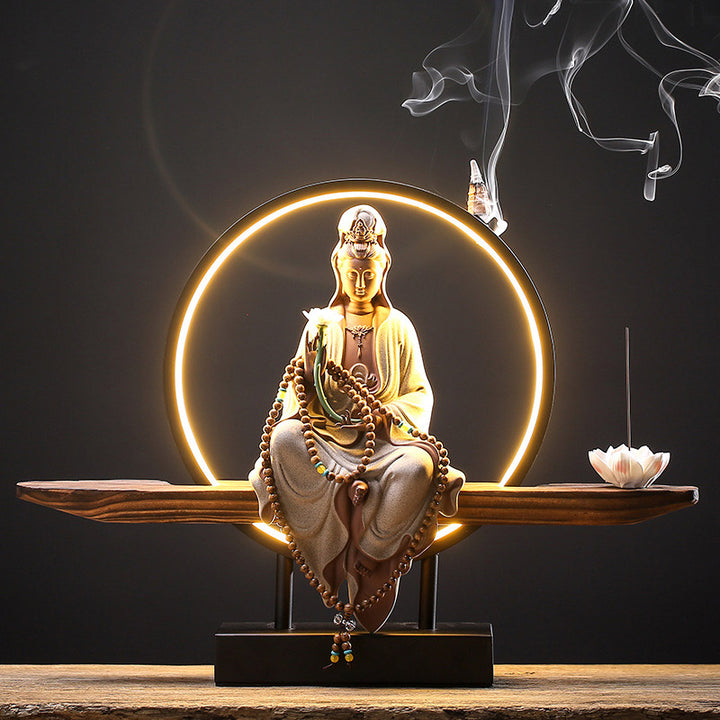 Buddha Stones Buddha Avalokitesvara Ceramica Loto Rilassamento Bruciatore di Incenso Decorazione