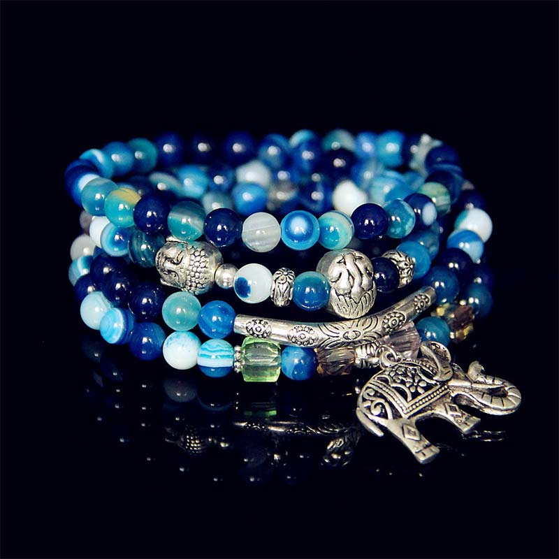 Buddha Stones Braccialetto portafortuna con elefante e Buddha in agata naturale - Agata blu - image 0