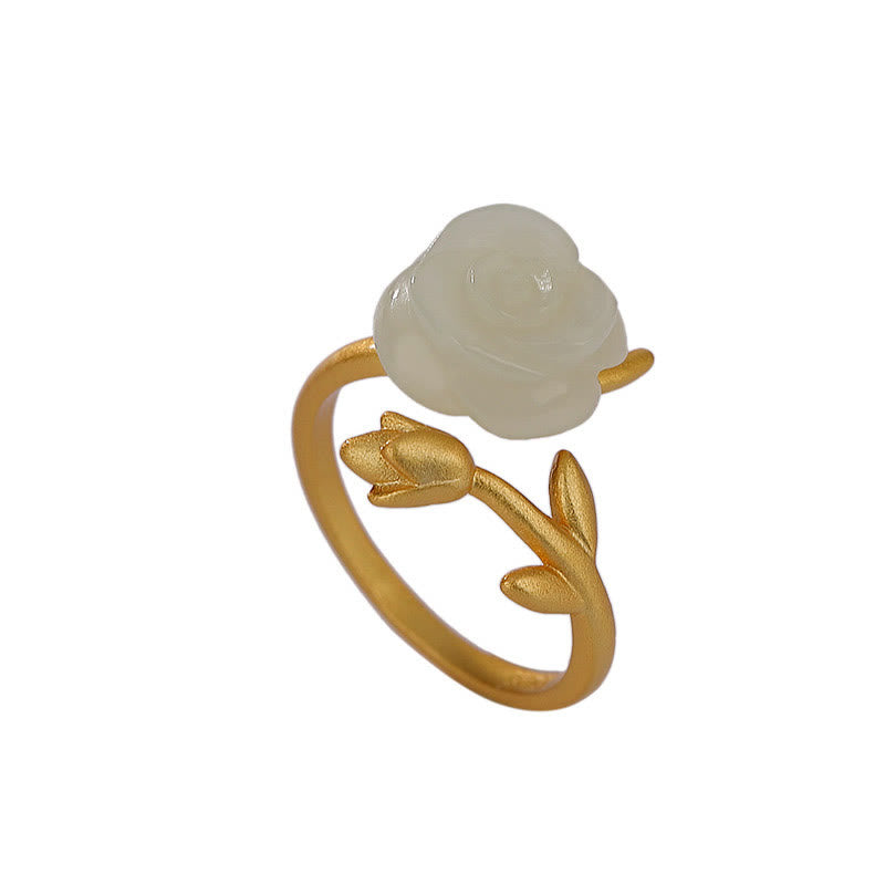 Anello della felicità in giada bianca Hetian con fiore rosa in argento sterling 925 placcato oro Buddha Stones