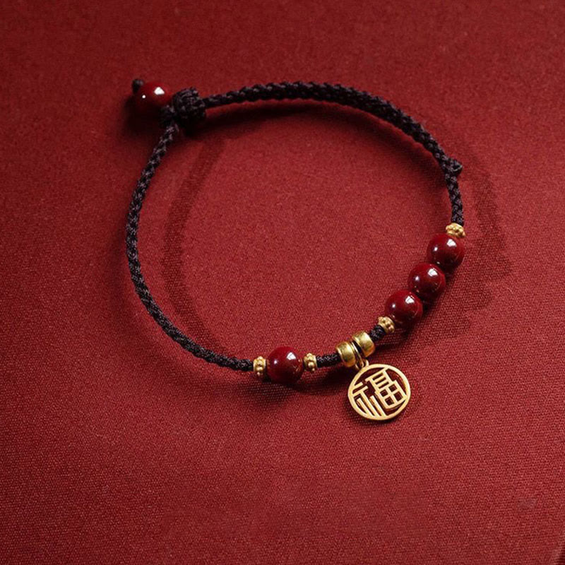 Braccialetto con corda intrecciata con Buddha Stones, perline di cinabro e carattere Fu