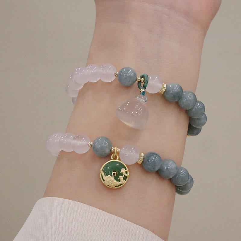 Braccialetto di protezione con fibbia della pace, fiore di loto, agata bianca e giada Buddha Stones