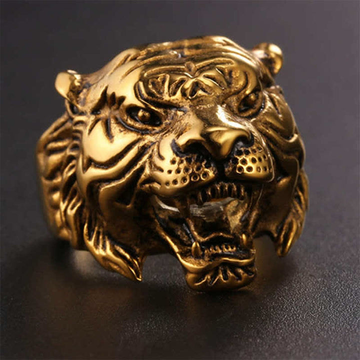 Anello da motociclista punk rock con testa di tigre in titanio e acciaio da uomo