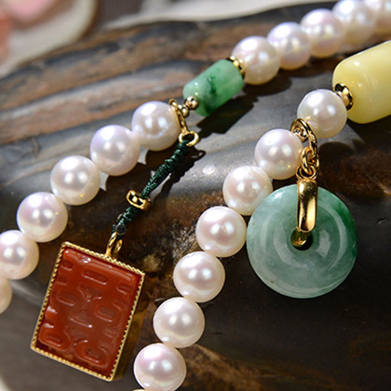 Braccialetto a quattro giri Buddha Stones in argento sterling 925 con perle, giada Hetian, agata rossa, doppia felicità, ambra e fortuna