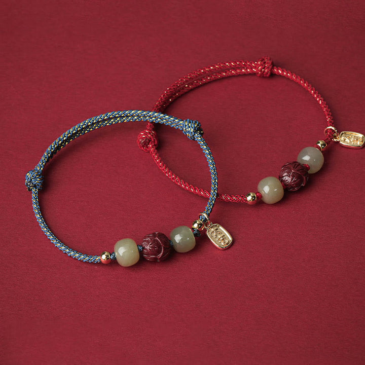Braccialetto di corda artigianale Buddha Stones in giada Hetian placcato oro 14K, cinabro e loto portafortuna