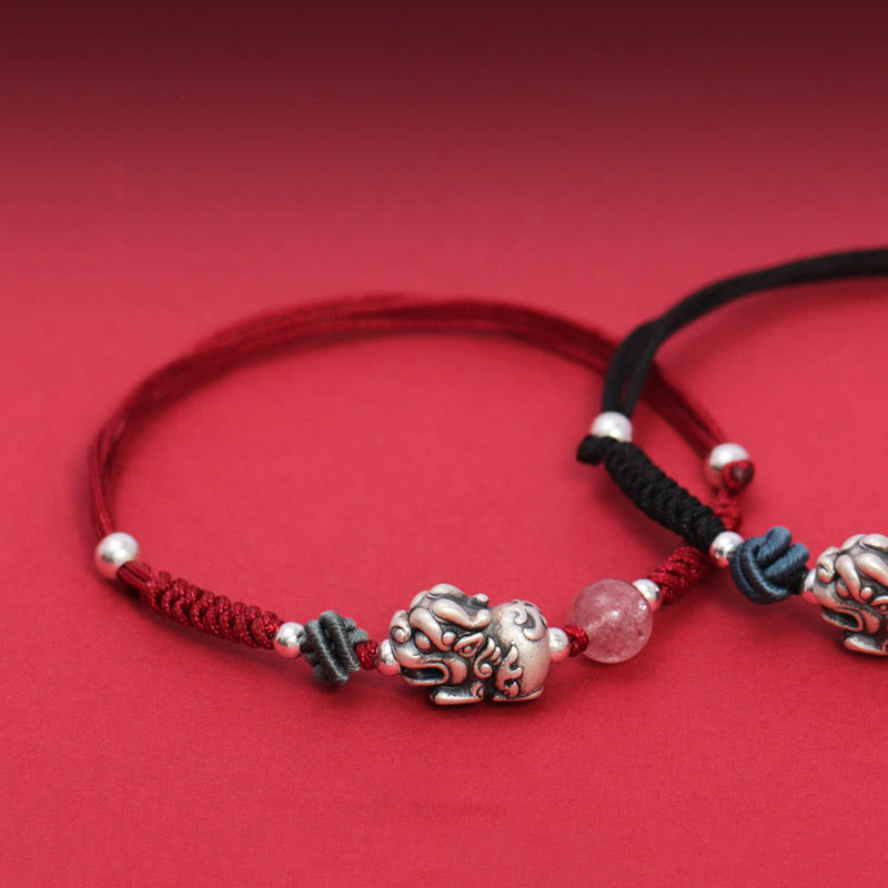 Bracciale intrecciato Buddha Stones 999 Sterling Silver PiXiu Strawberry Quartz Bead Wealth Luck