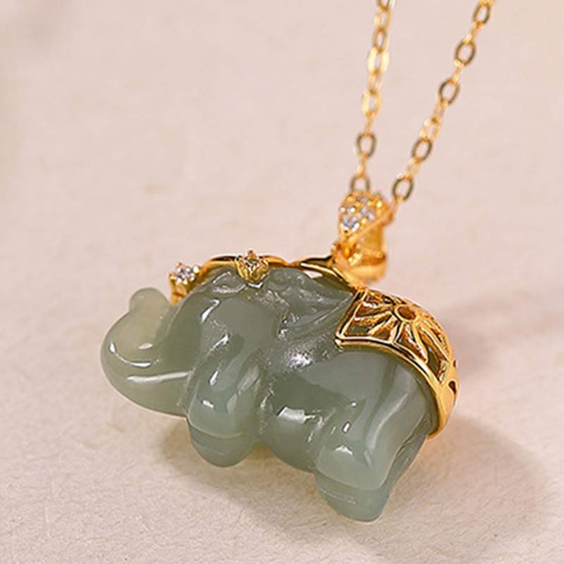 Collana con ciondolo a forma di elefante in argento sterling 925 con Buddha Stones e giada, benedizione e fortuna