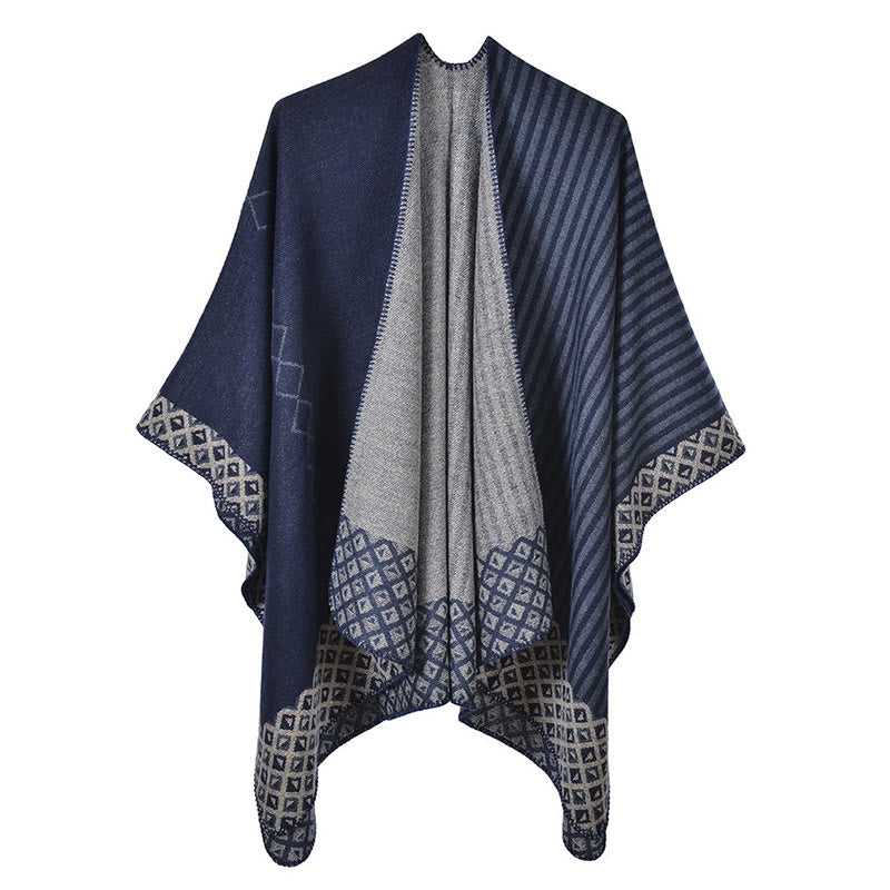 Buddha Stones tibetano con motivo a rombi a righe, sciarpa calda e morbida invernale - Blu navy grigio - image 23