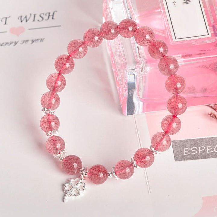 Bracciale Buddha Stones in argento sterling 925 con quarzo fragola e quadrifoglio, amore