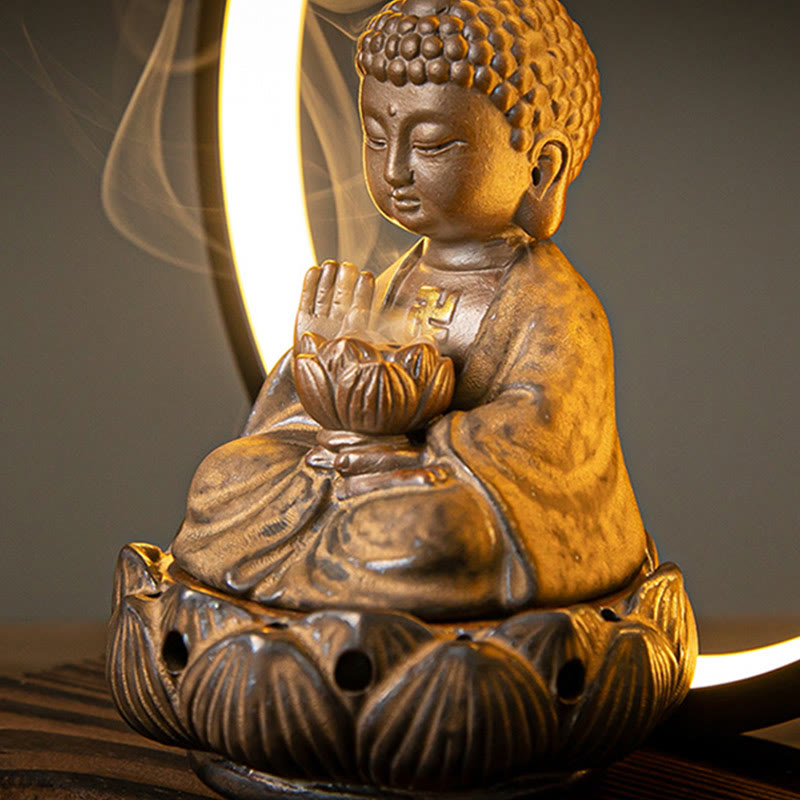 Buddha Stones Buddha Lotus Fontana di fumo a riflusso Bruciatore di incenso di benedizione in ceramica con decorazione luminosa