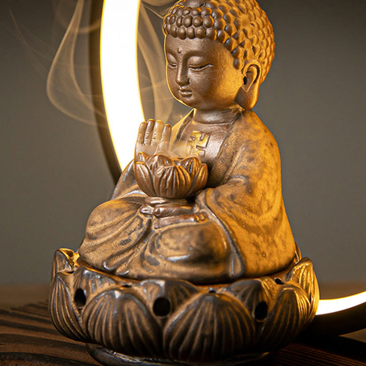 Buddha Stones Buddha Lotus Fontana di fumo a riflusso Bruciatore di incenso di benedizione in ceramica con decorazione luminosa