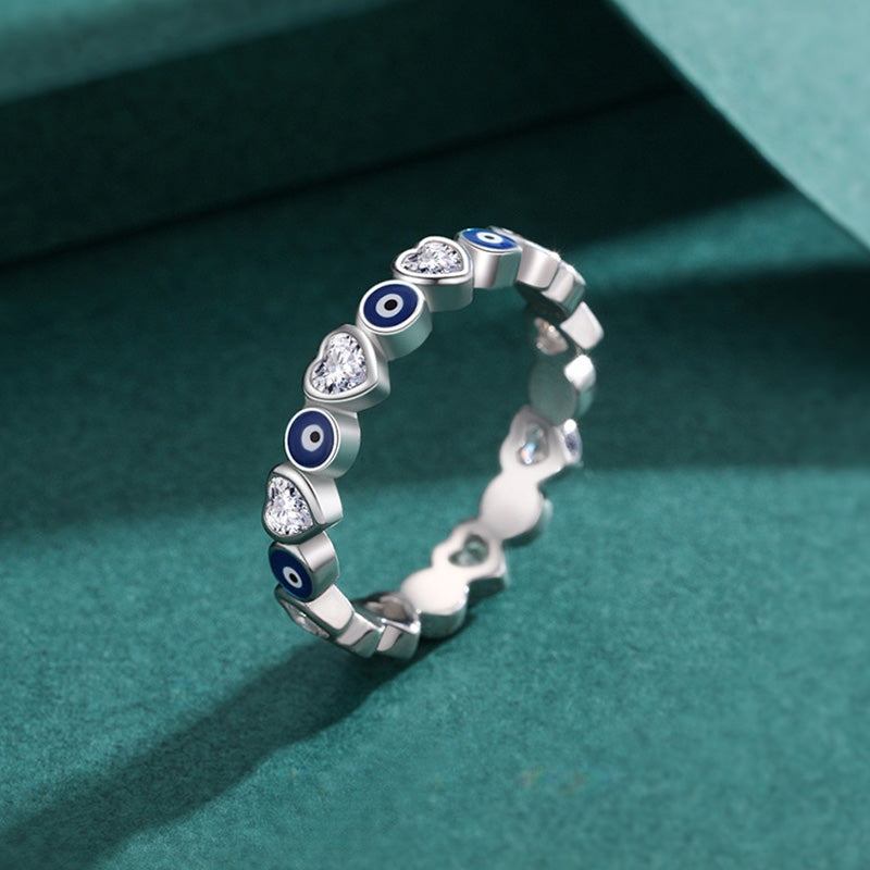 Anello di benedizione con zircone a forma di cuore con occhio malvagio in argento sterling 925 Buddha Stones