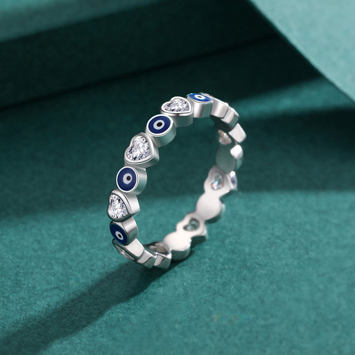 Anello di benedizione con zircone a forma di cuore con occhio malvagio in argento sterling 925 Buddha Stones