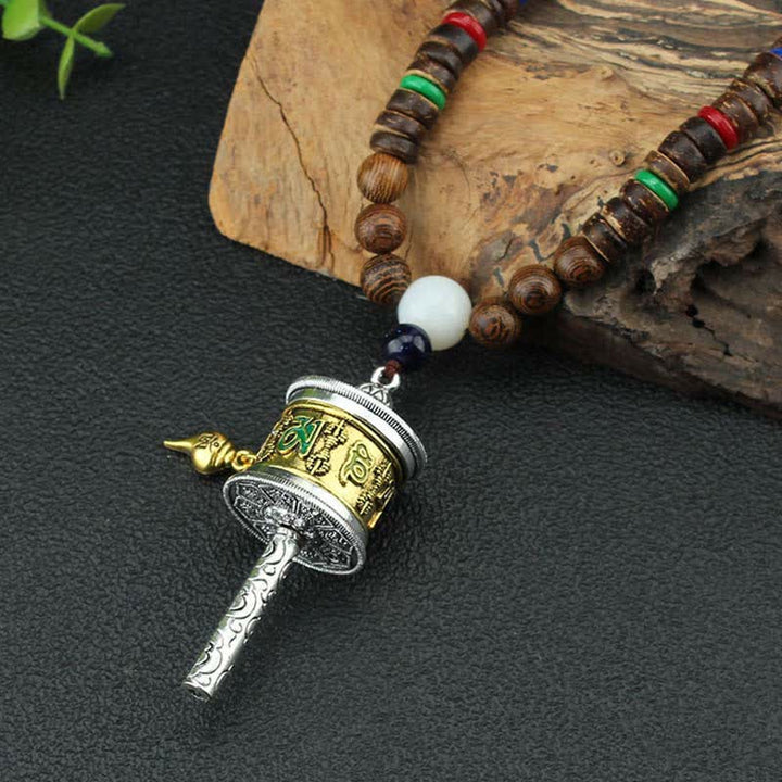 Buddha Stones Tibetano Om Mani Padme Hum Ruota della Preghiera Rotazione Vajra Collana Pendente in Legno - image 6