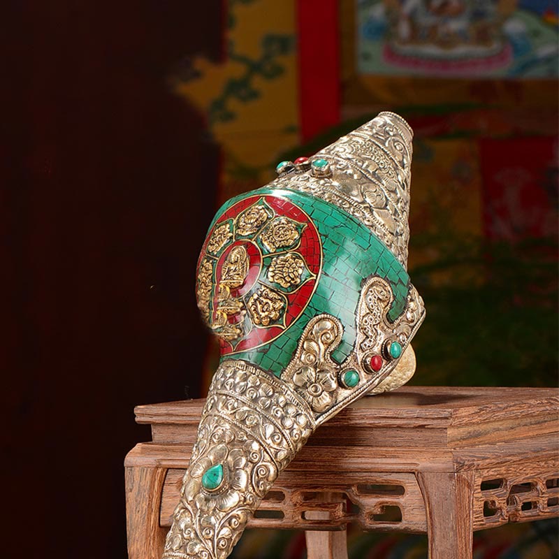 Decorazione positiva della ricchezza della conchiglia del Buddha Shankha Double Dorje incisa a mano tibetana