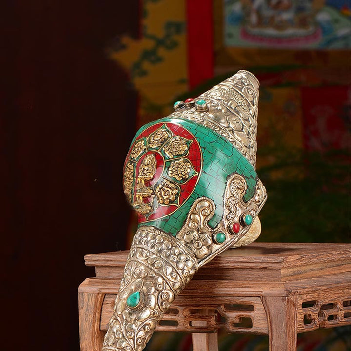Decorazione positiva della ricchezza della conchiglia del Buddha Shankha Double Dorje incisa a mano tibetana