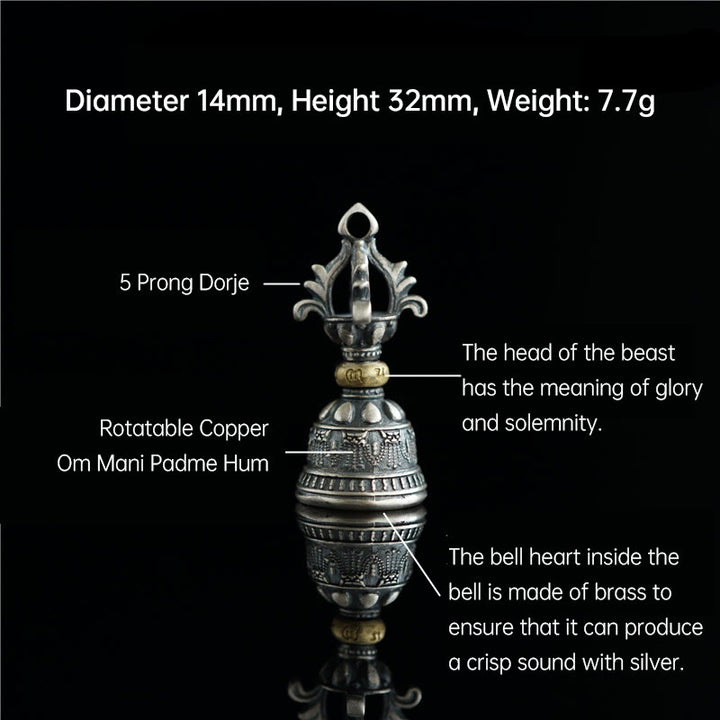 Buddha Stones Tibet 925 Sterling Silver Om Mani Padme Hum Dorje Campana Vajra Inciso Illuminazione Ciondolo Appeso Decorazione