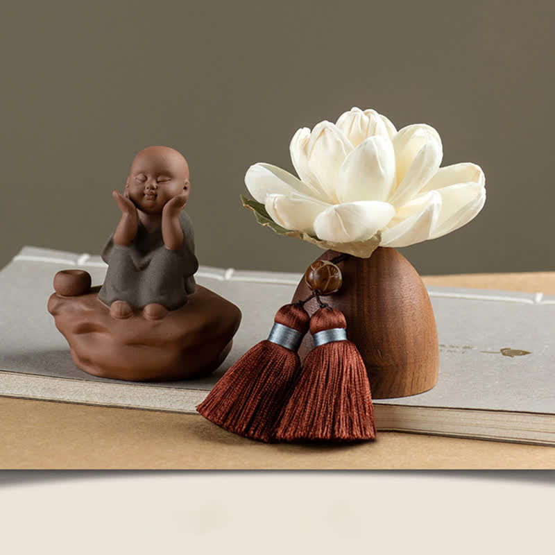 Decorazione di cura calma con fiore di Buddha in legno di pesca nera - Piccolo monaco seduto - image 17