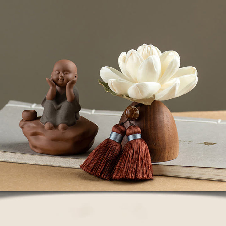 Decorazione di cura calma con fiore di Buddha in legno di pesca nera - Piccolo monaco seduto - image 17