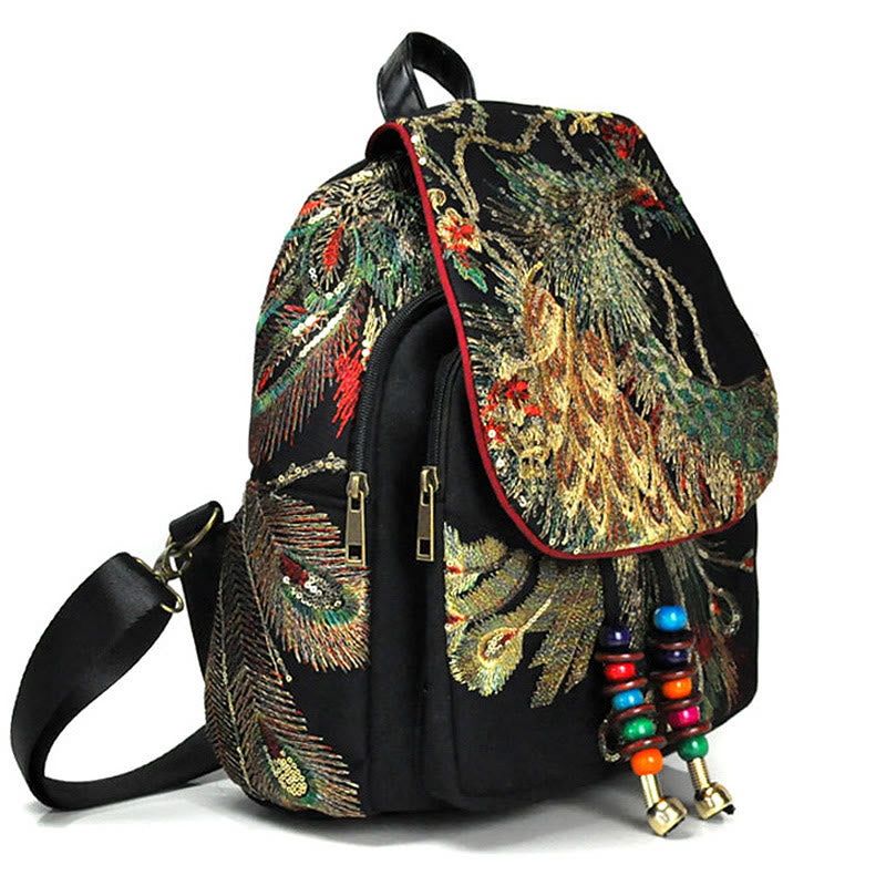 Zaino in tela con nappa e ricamo di pavone Buddha Stones