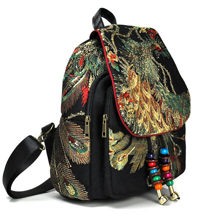 Zaino in tela con nappa e ricamo di pavone Buddha Stones
