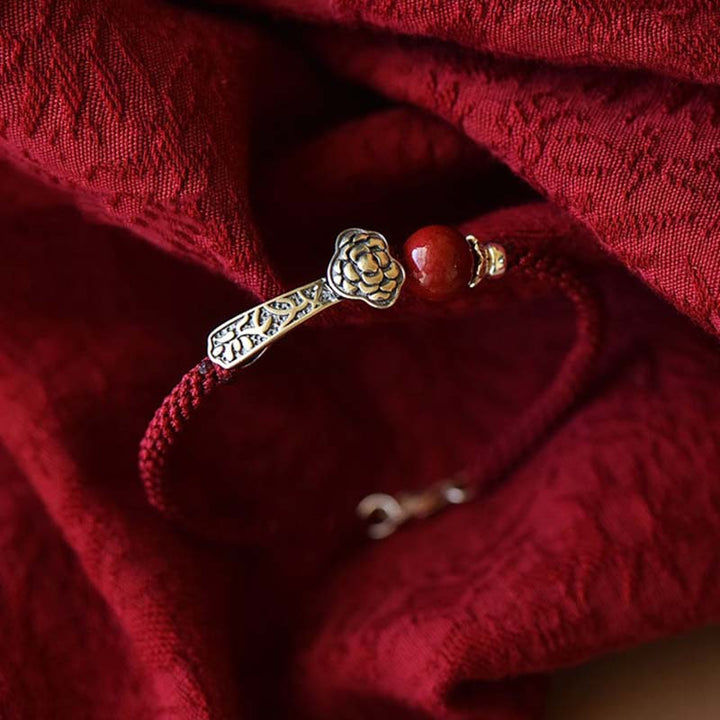 Braccialetto di corda di benedizione in argento sterling 925 con Buddha Stones cinabro