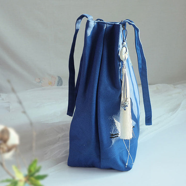 Buddha Stones Flower Crane Plum Blossom Ricamo Tela Grande Capacità Borsa a Tracolla Tote Bag