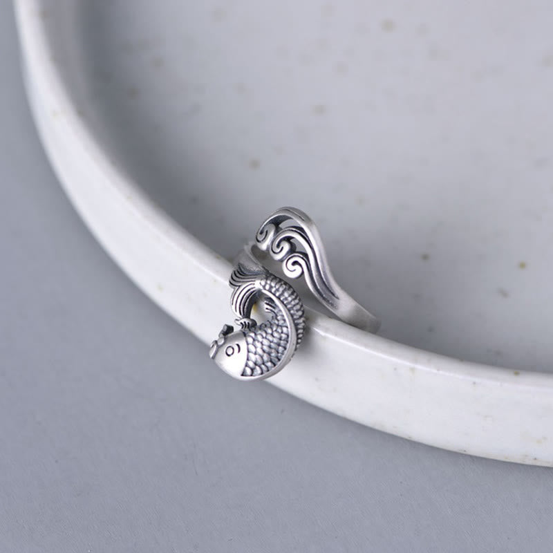 Buddha Stones 925 Sterling Silver Koi Fish Water Ripple Luck Wealth