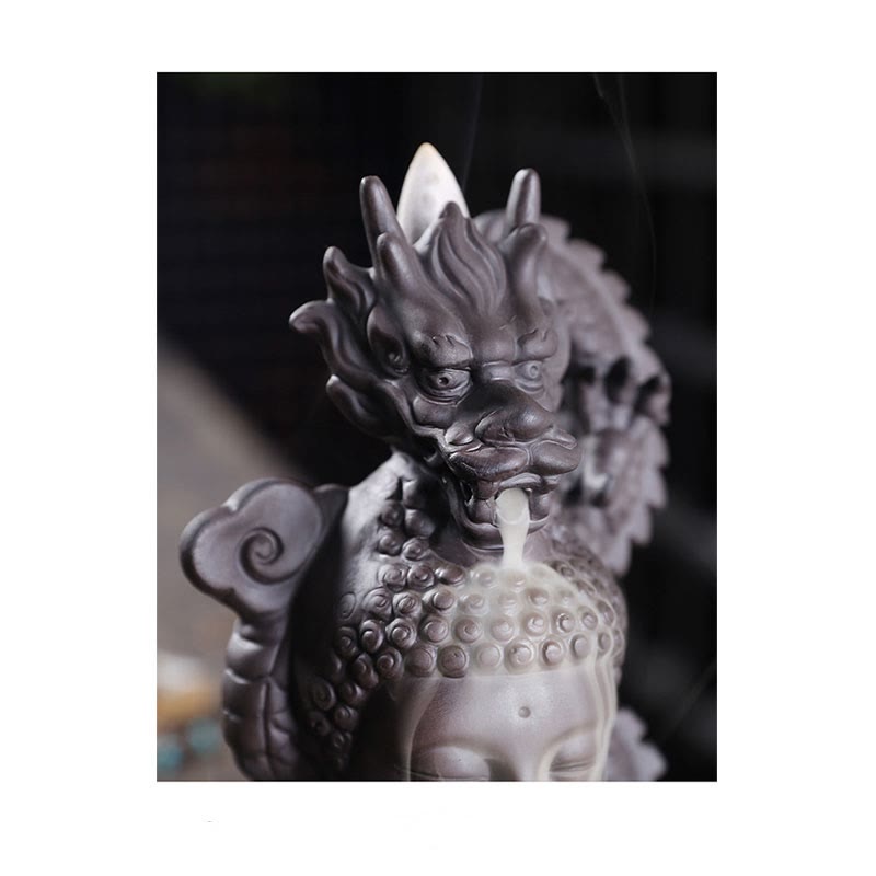 Buddha Stones Buddha Drago Nuvole di buon auspicio Argilla viola Bruciatore di incenso curativo Decorazione