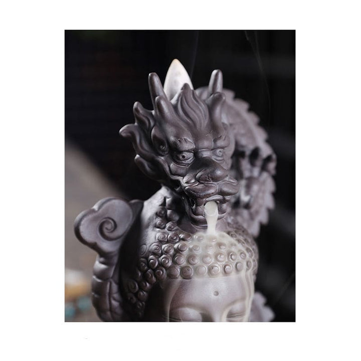 Buddha Stones Buddha Drago Nuvole di buon auspicio Argilla viola Bruciatore di incenso curativo Decorazione