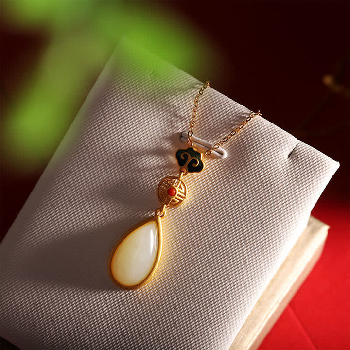 Collana con ciondolo a forma di goccia d'acqua in argento sterling 925 con giada bianca Hetian e bracciale
