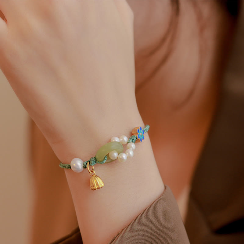 Bracciale intrecciato a mano con perle e giada naturale di Hetian, fibbia della pace, pietre Buddha Stones