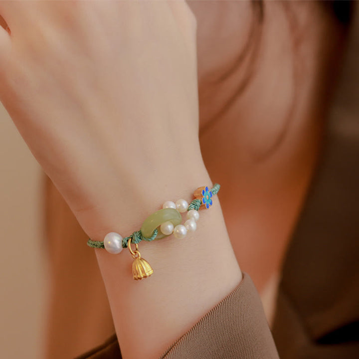Bracciale intrecciato a mano con perle e giada naturale di Hetian, fibbia della pace, pietre Buddha Stones