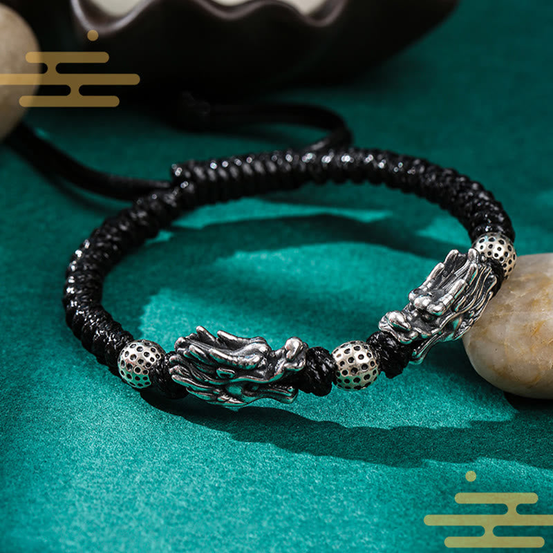 Bracciale intrecciato fatto a mano con doppio drago in argento sterling 999 Buddha Stones