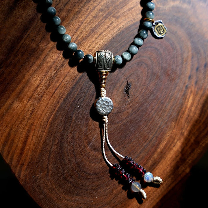 Buddha Stones Argento Sterling 925 108 Perline Mala Pietra Occhio d'Aquila Pietra di Luna Braccialetto Positivo