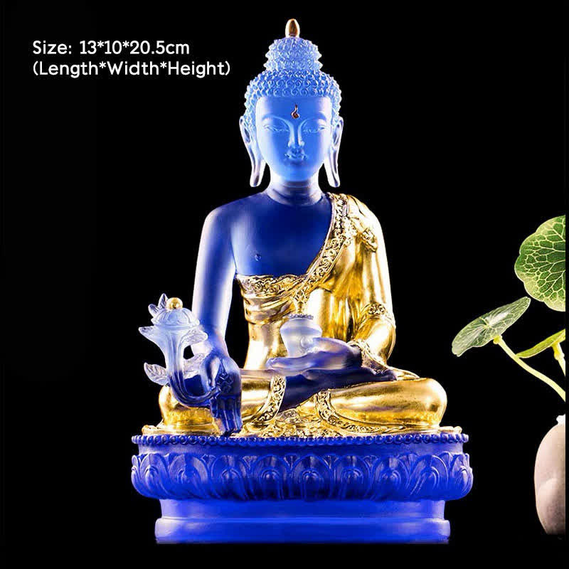 Buddha Stones Buddha della medicina Fatto a mano Liuli Cristallo Pezzo d'arte Statua della compassione Casa Ufficio Offerta Decorazione - 13*10*20,5 cm - Buddha della medicina d'oro - image 12