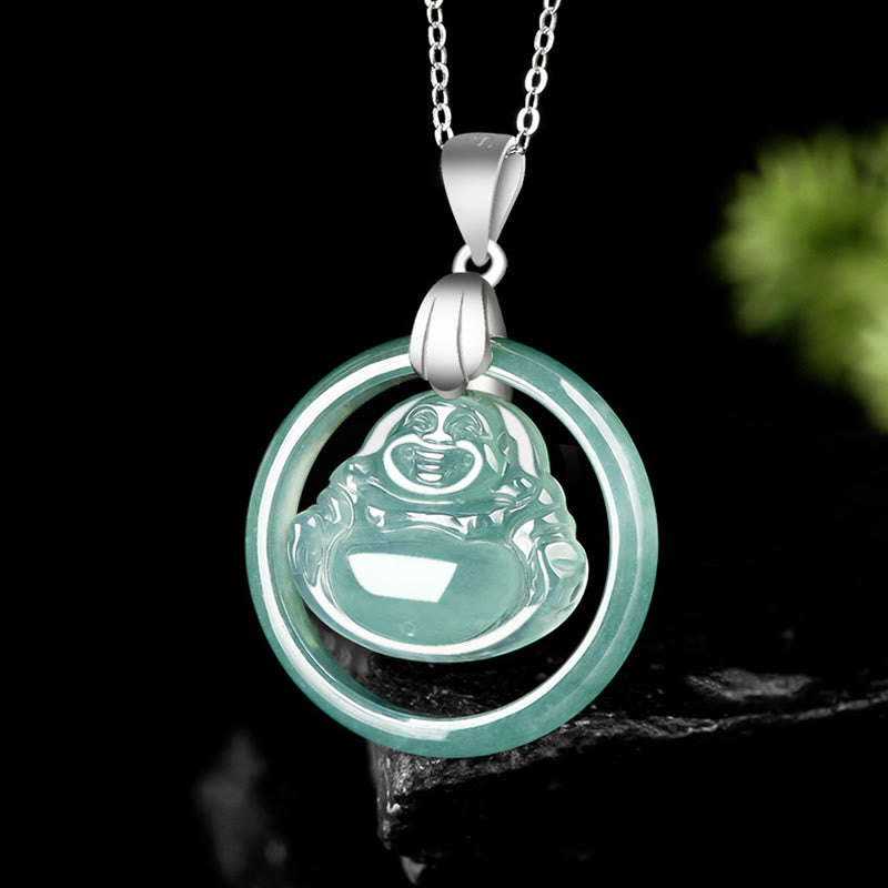 Collana con ciondolo a forma Buddha Stones Buddha con ciondolo a forma di Buddha che ride, in argento sterling 925, giada naturale rotonda