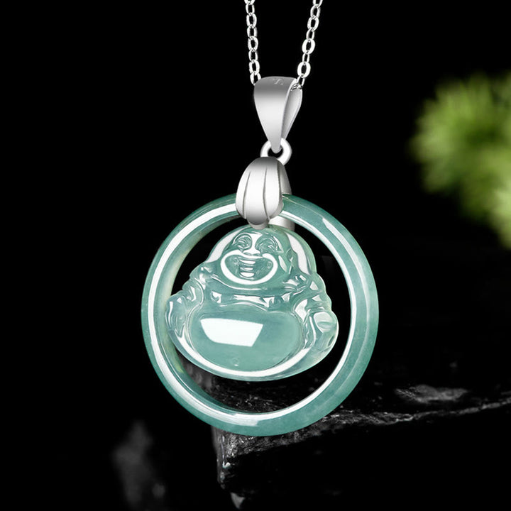 Collana con ciondolo a forma Buddha Stones Buddha con ciondolo a forma di Buddha che ride, in argento sterling 925, giada naturale rotonda