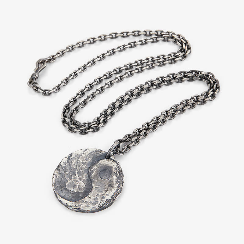 Buddha Stones 990 Sterling Silver Yin Yang Hammer Texture Collana con ciondolo Armonia - image 10