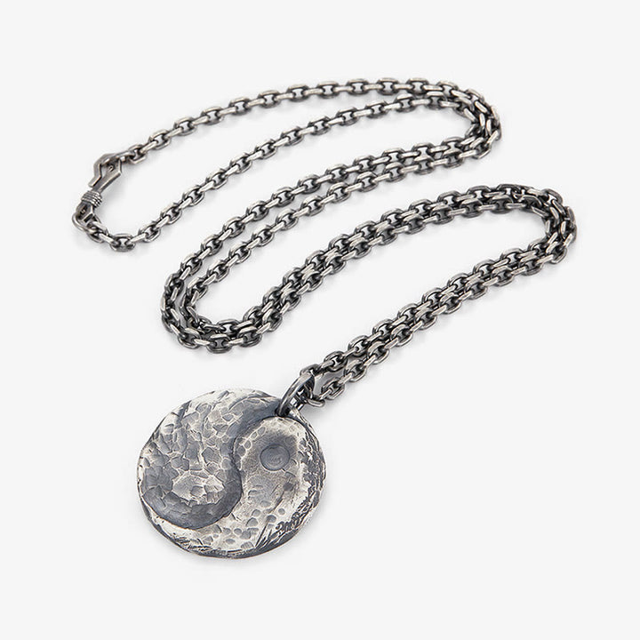 Buddha Stones 990 Sterling Silver Yin Yang Hammer Texture Collana con ciondolo Armonia - image 9