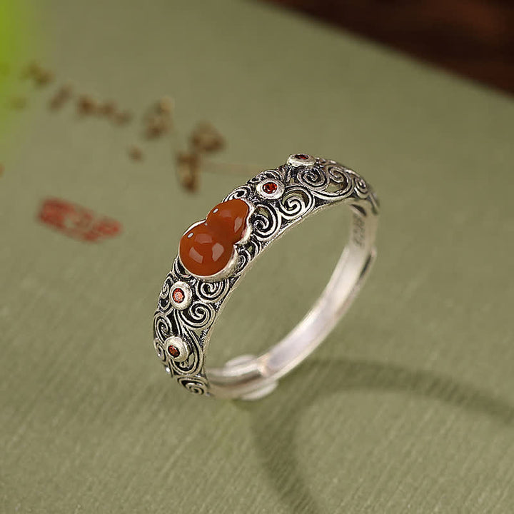 Anello di buon auspicio con zucca, giada ciano e agata rossa in argento sterling 925