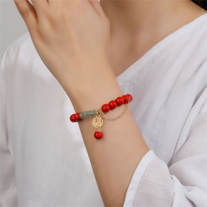Braccialetto di giada calma con carattere Fu di cinabro e Buddha Stones