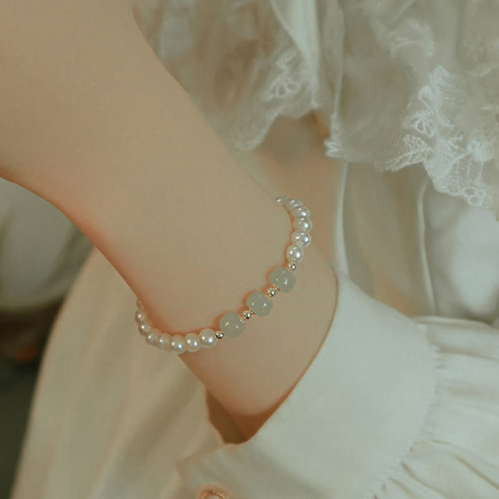 Braccialetto a catena con perle di sincerità in giada bianca e giada ciano di Hetian, placcato in oro 14K